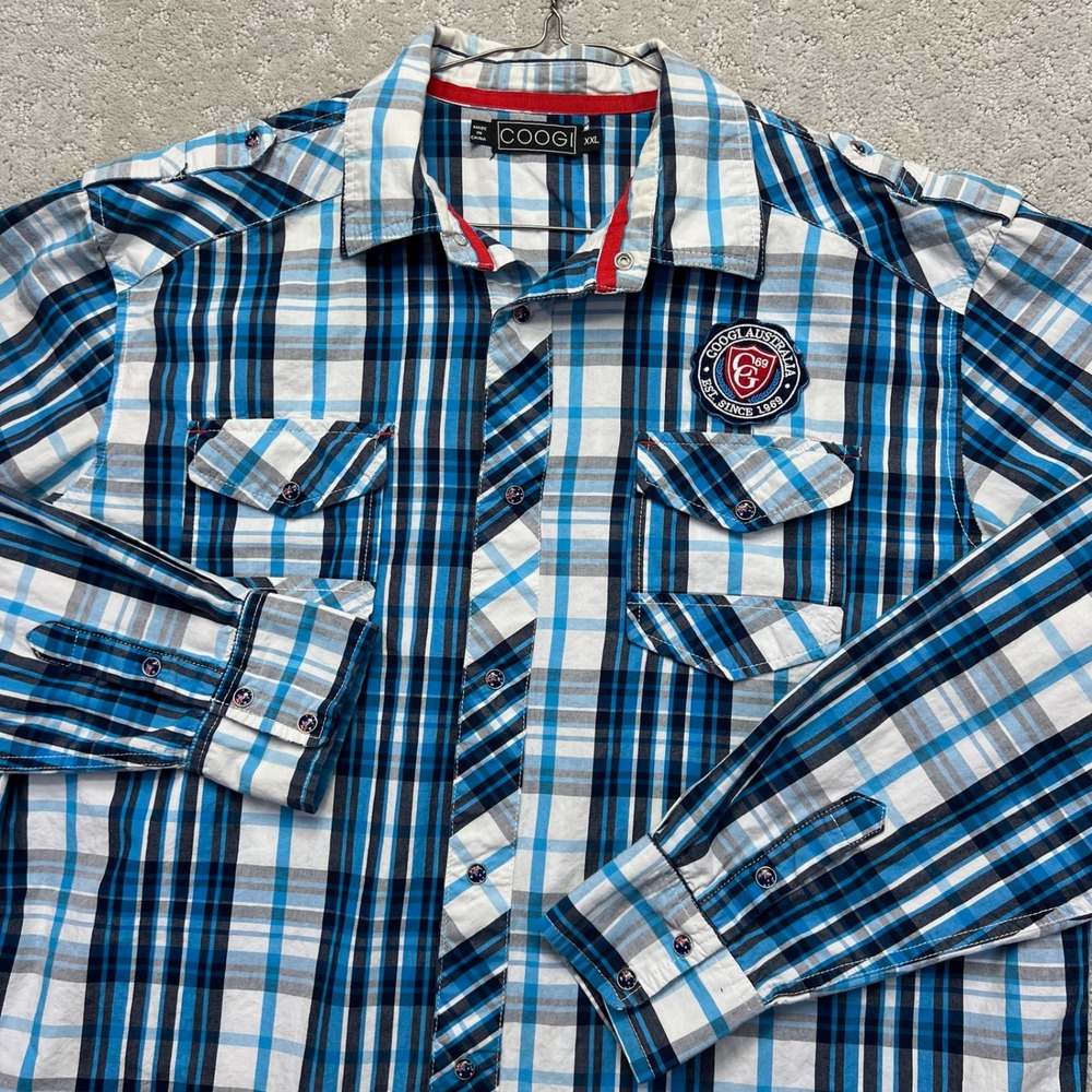 COOGI Australia Shirt Mens XXL Blue White Plaid Long Sleeve Pearl Snap Western